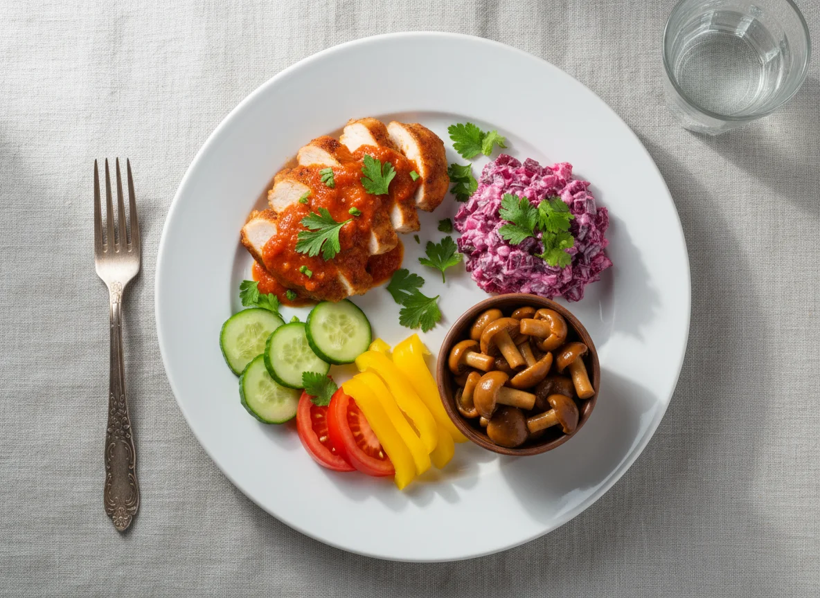 Домашний обед с мясом и закусками photo