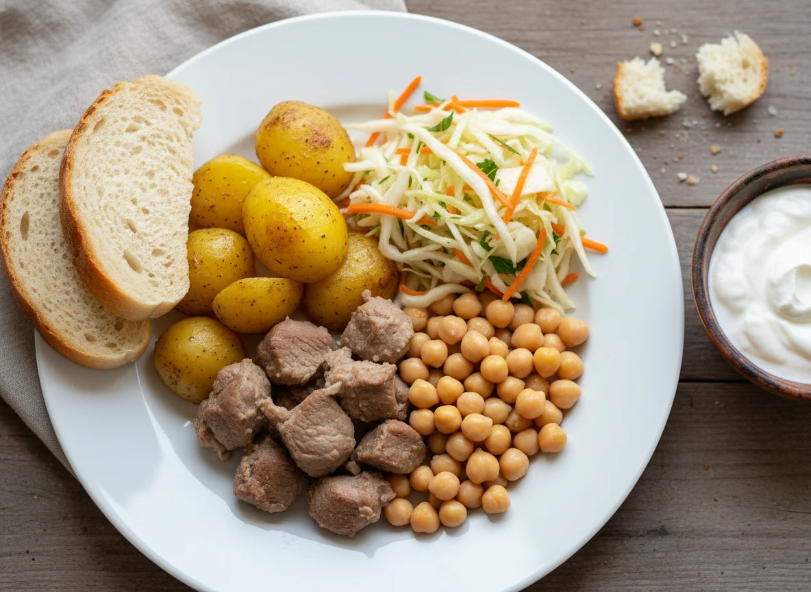 Домашний обед с мясом, картофелем, нутом и салатом photo