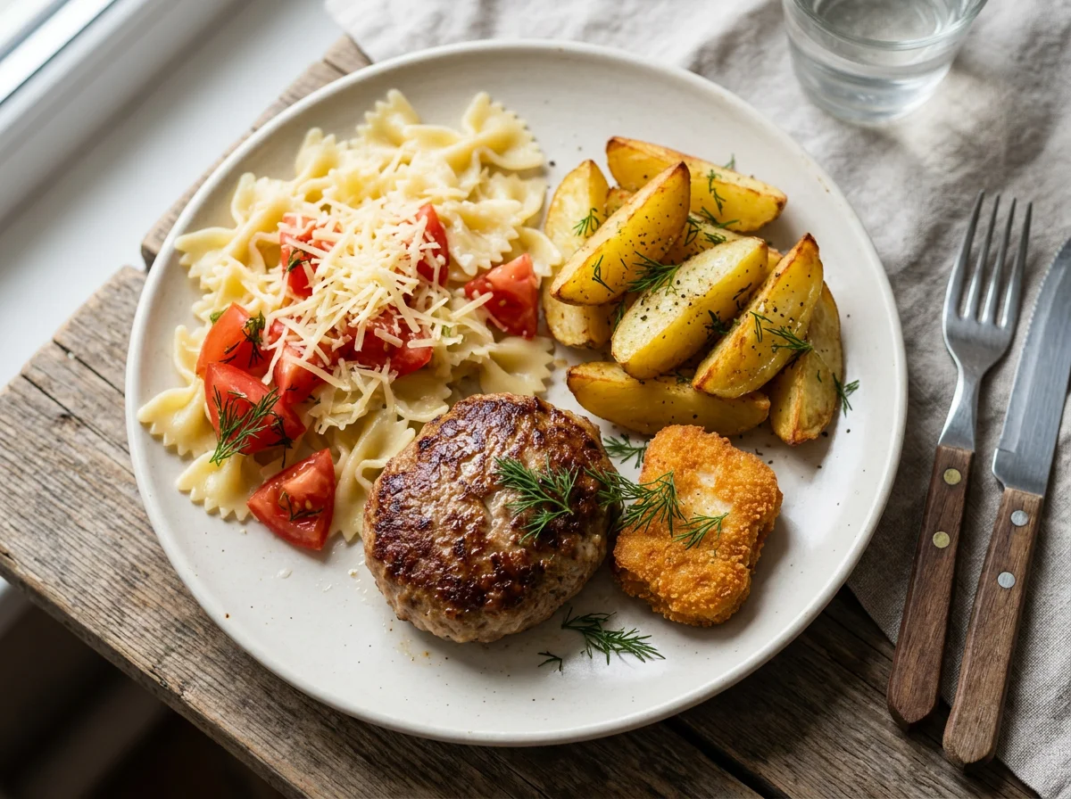 Домашний обед с пастой, картофелем и котлетой photo