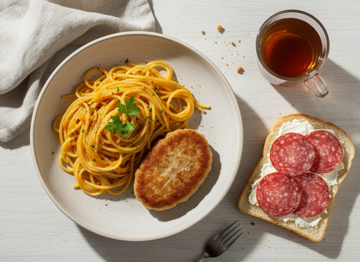 Домашний обед с пастой, котлетой и бутербродом photo