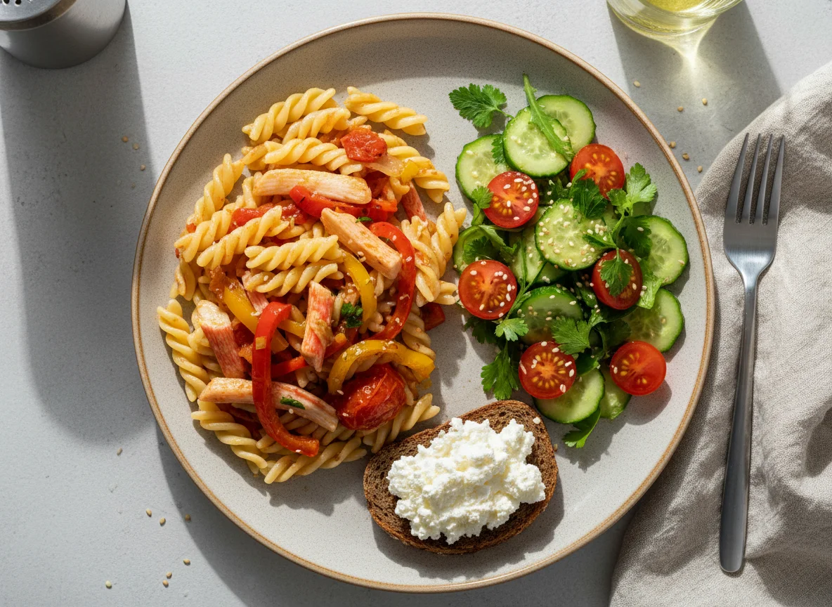 Домашний обед с пастой, салатом и овощами photo