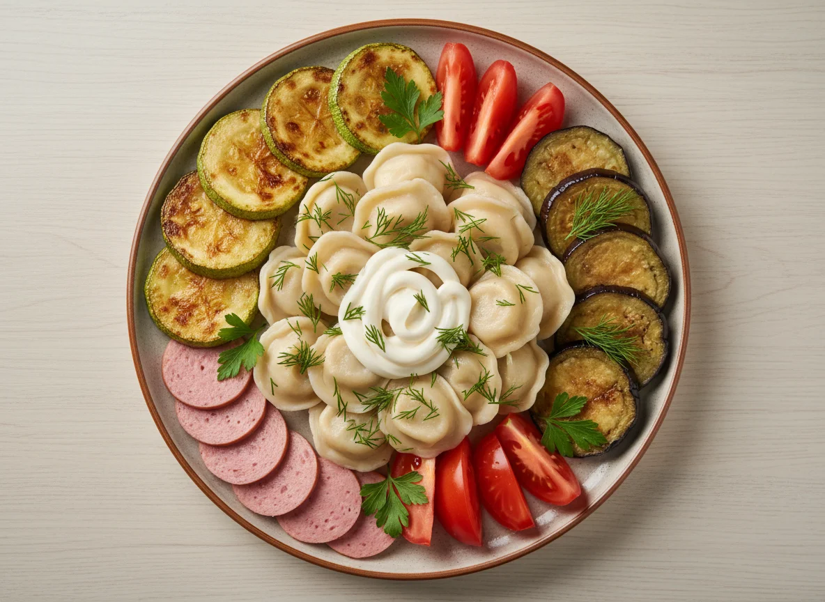 Домашний обед с пельменями и овощами photo