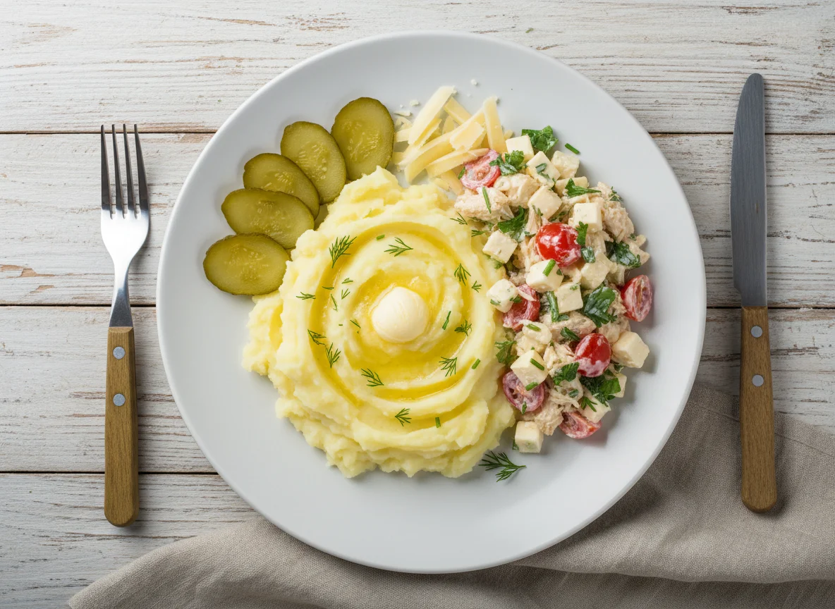 Домашний обед с пюре и салатом photo