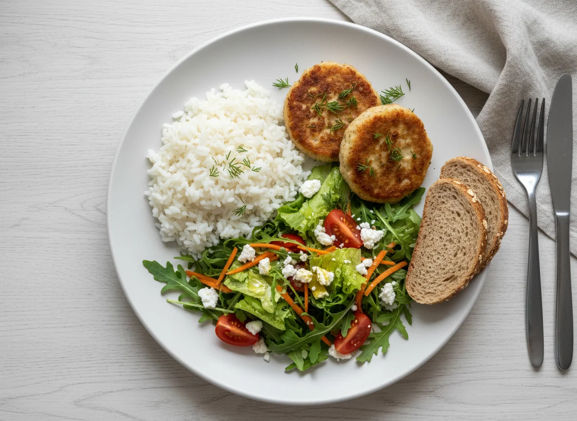 Домашний обед с рисом, котлетами и салатом photo