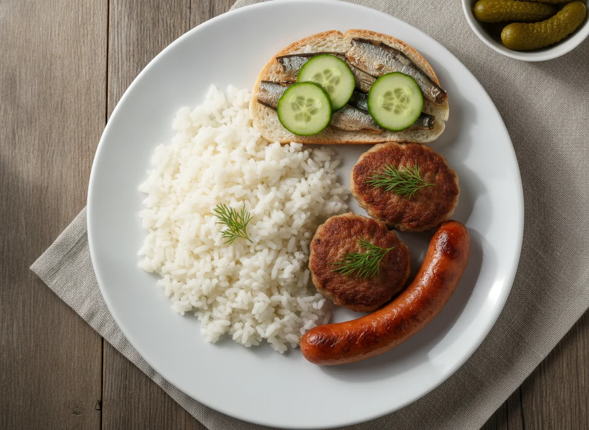 Домашний обед с рисом, котлетами, сосиской и бутербродом photo