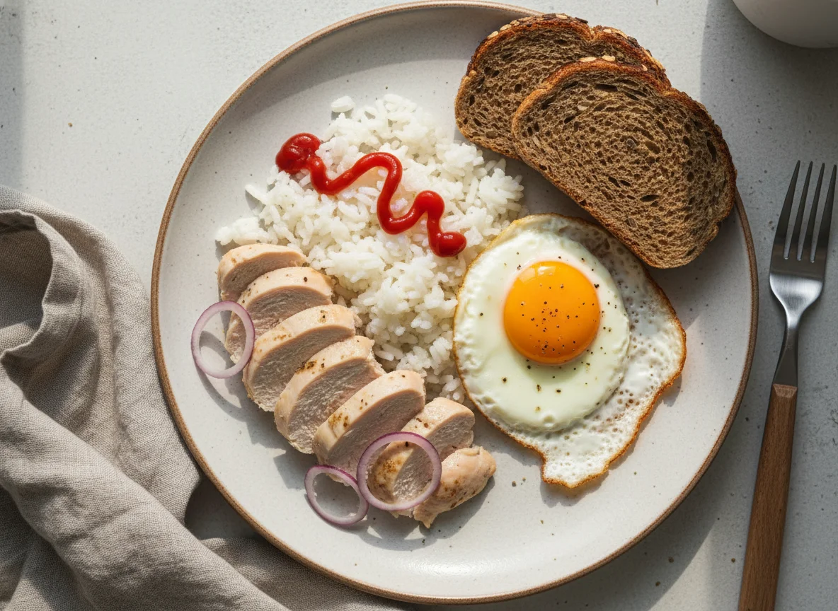 Домашний обед с рисом, курицей, яйцом и хлебом photo