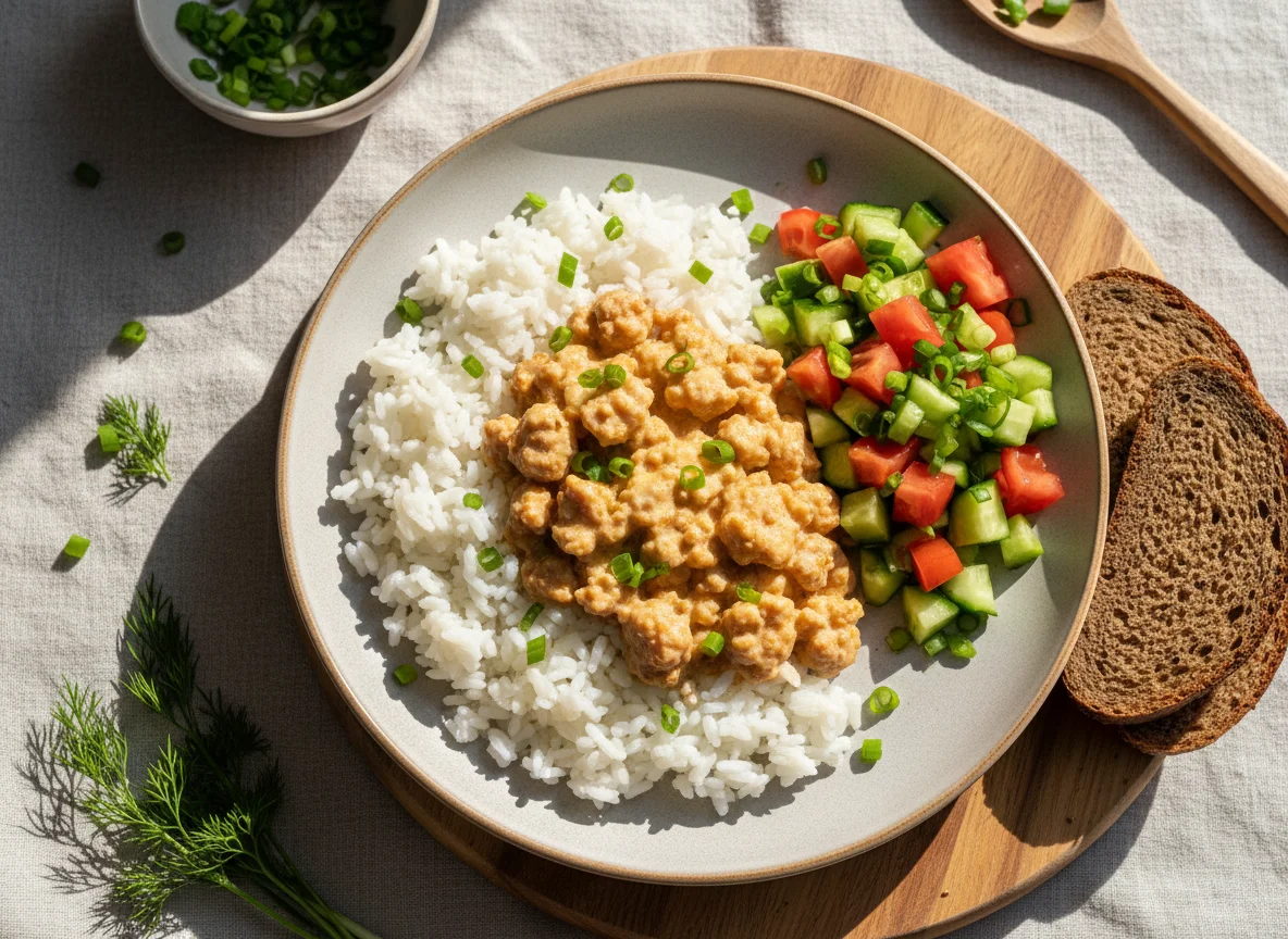 Домашний обед с рисом, куриным фаршем и салатом photo
