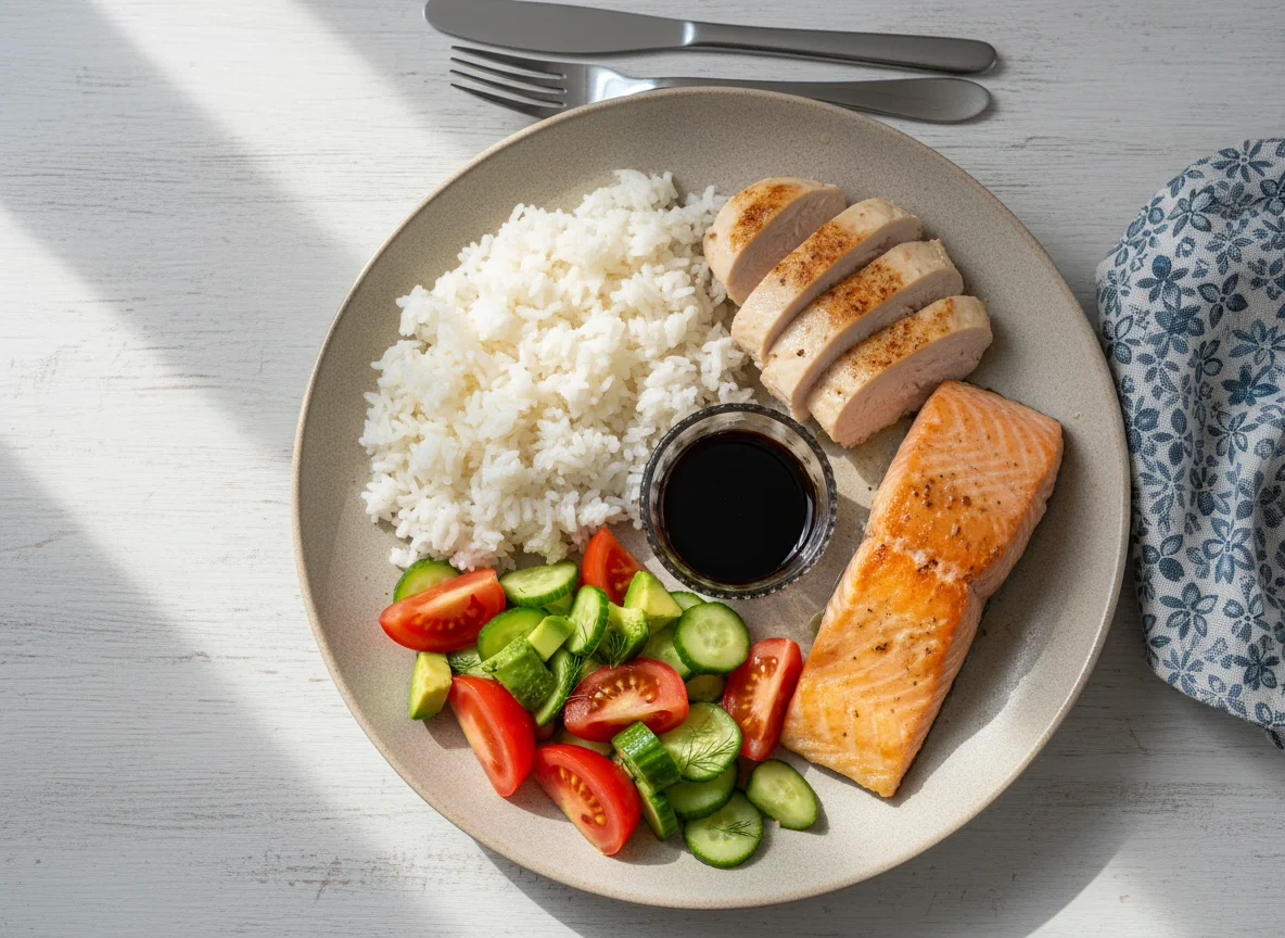 Домашний обед с рисом, мясом, авокадо и салатом photo