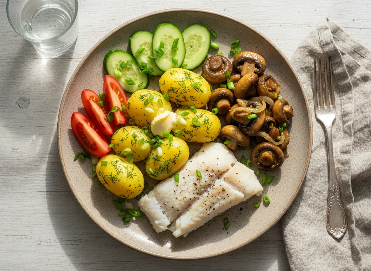 Домашний обед с рыбой и картофелем photo