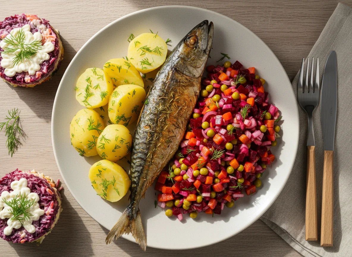 Домашний обед с рыбой и салатами photo