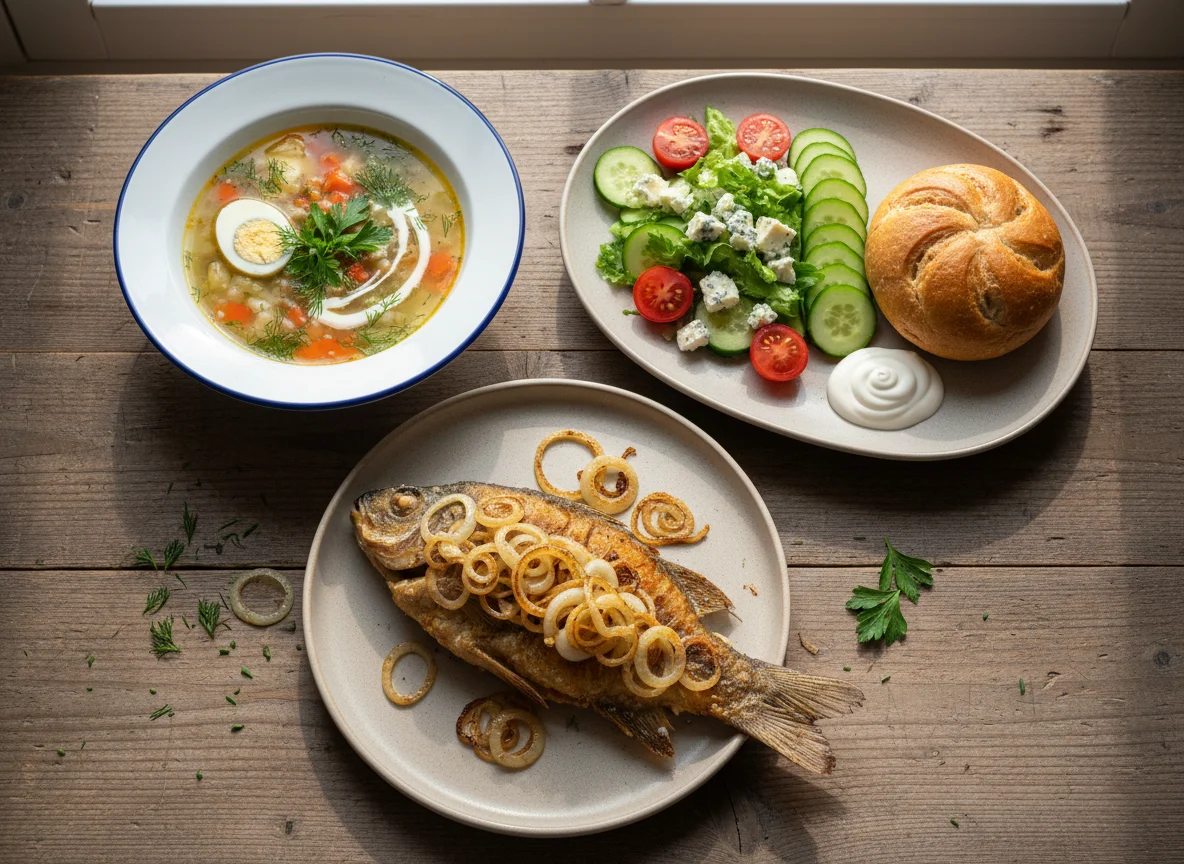 Домашний обед с рыбой, супом и салатом photo
