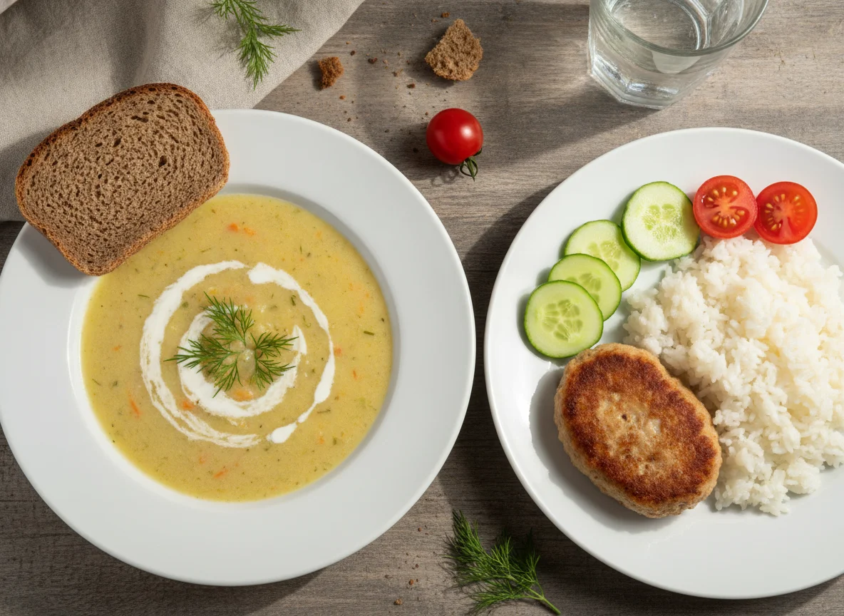 Домашний обед с супом и котлетами photo