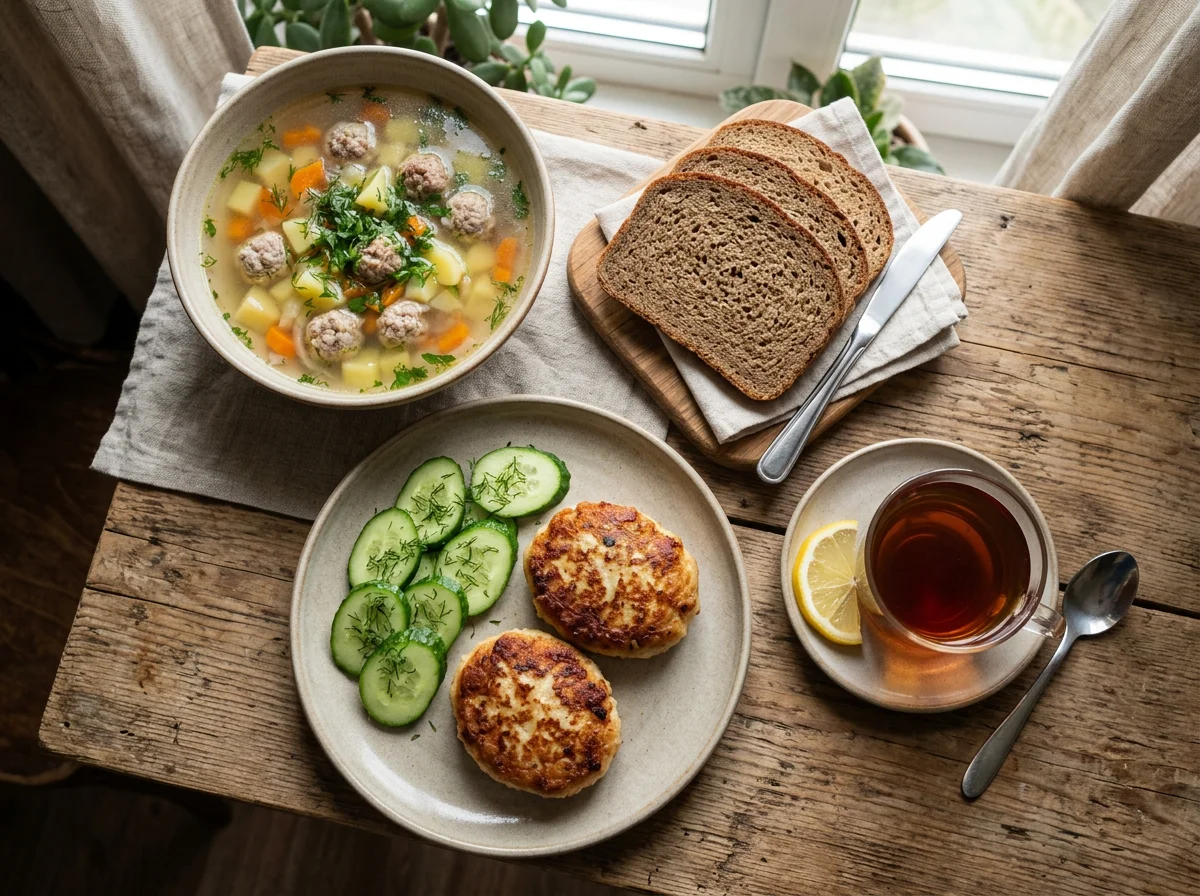 Домашний обед с супом и котлетой photo