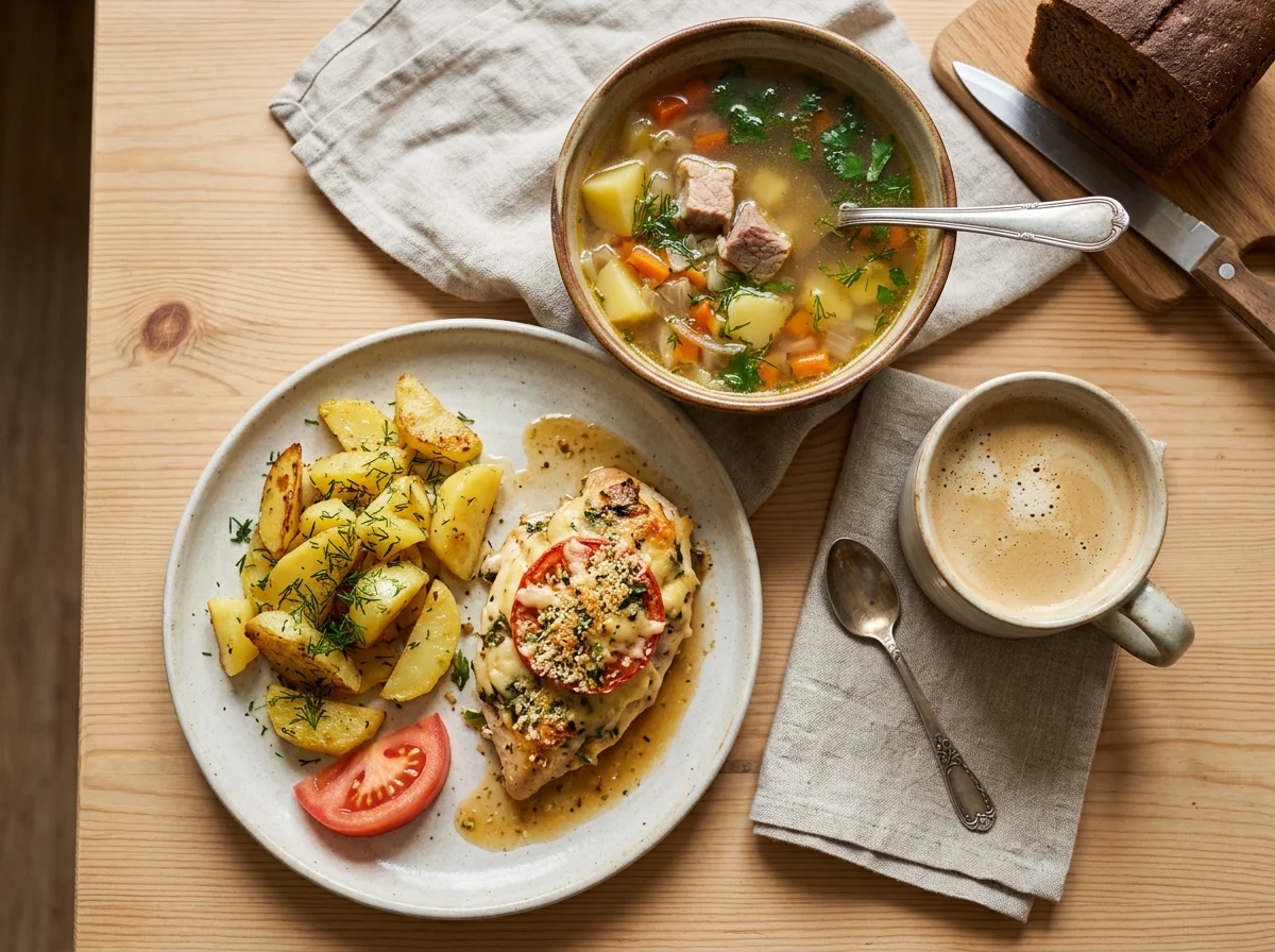 Домашний обед с супом и вторым блюдом photo