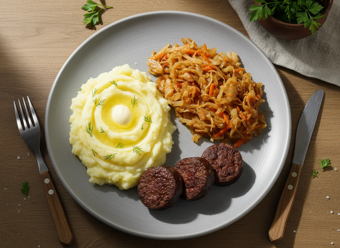 Домашний обед с тушеной капустой и пюре photo