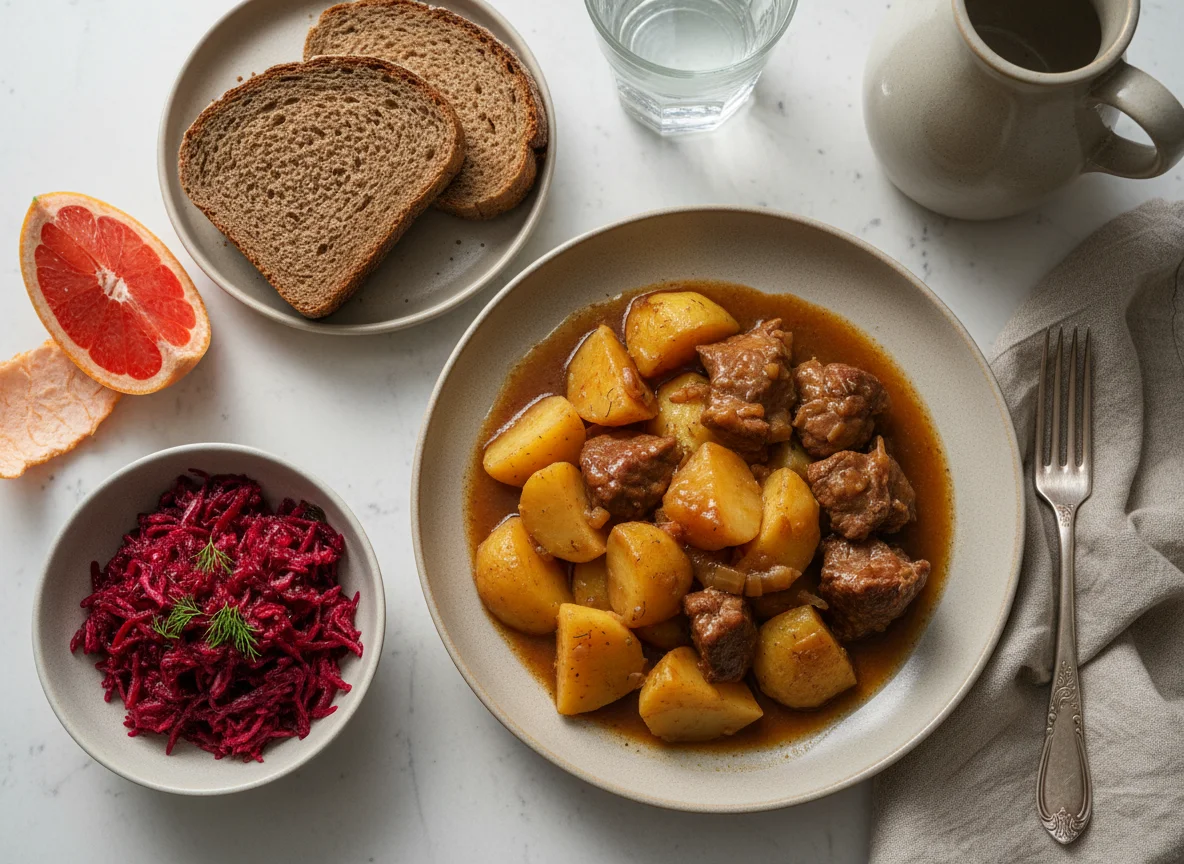 Домашний обед с тушеным мясом и картофелем, салатом из свеклы и грейпфрутом photo