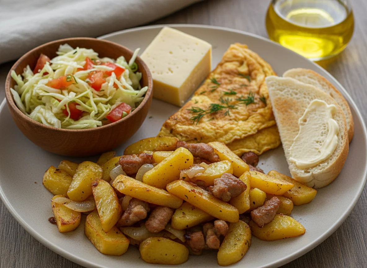 Домашний обед с жареной картошкой и салатом photo