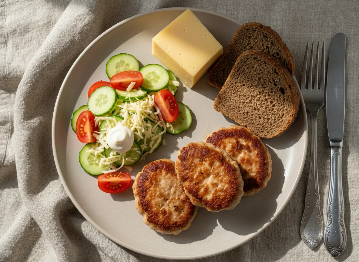 Домашний обед с жареным мясом, салатом и хлебом photo