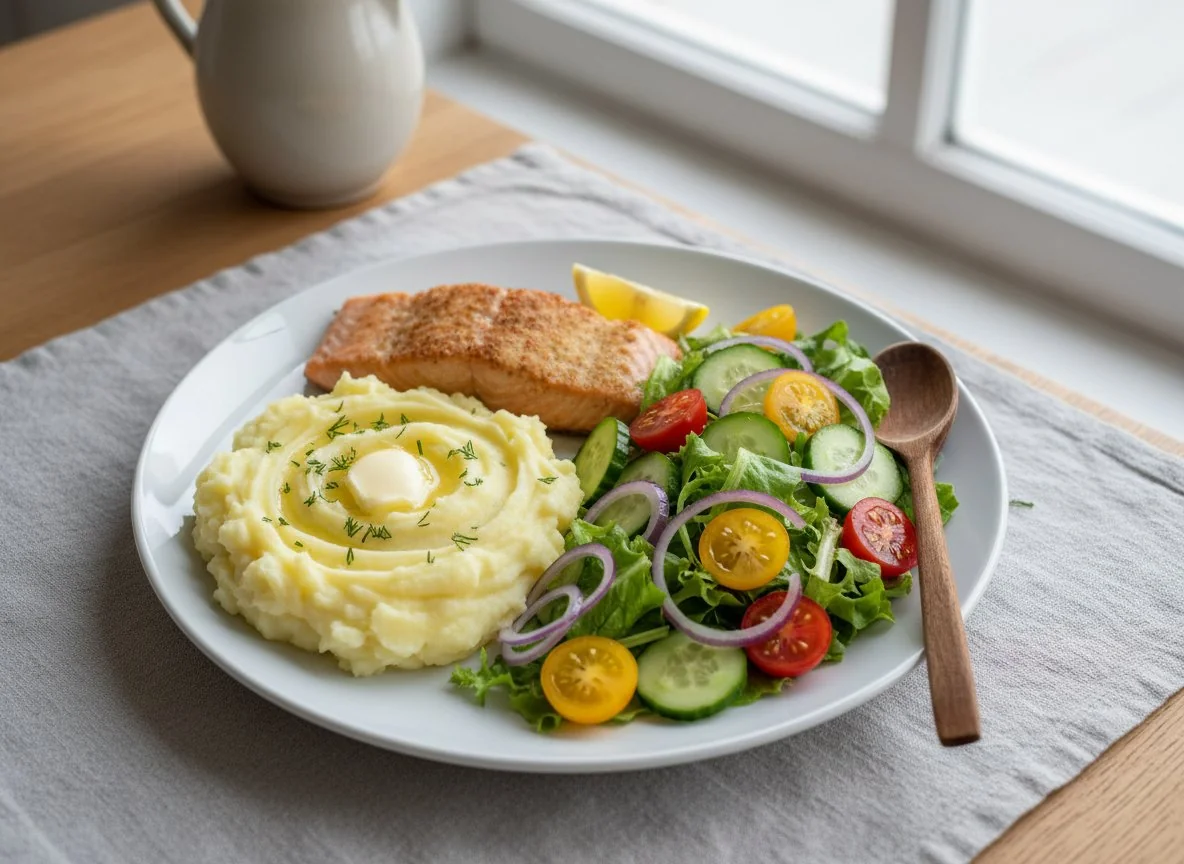 Домашний обед: салат, рыба и пюре photo