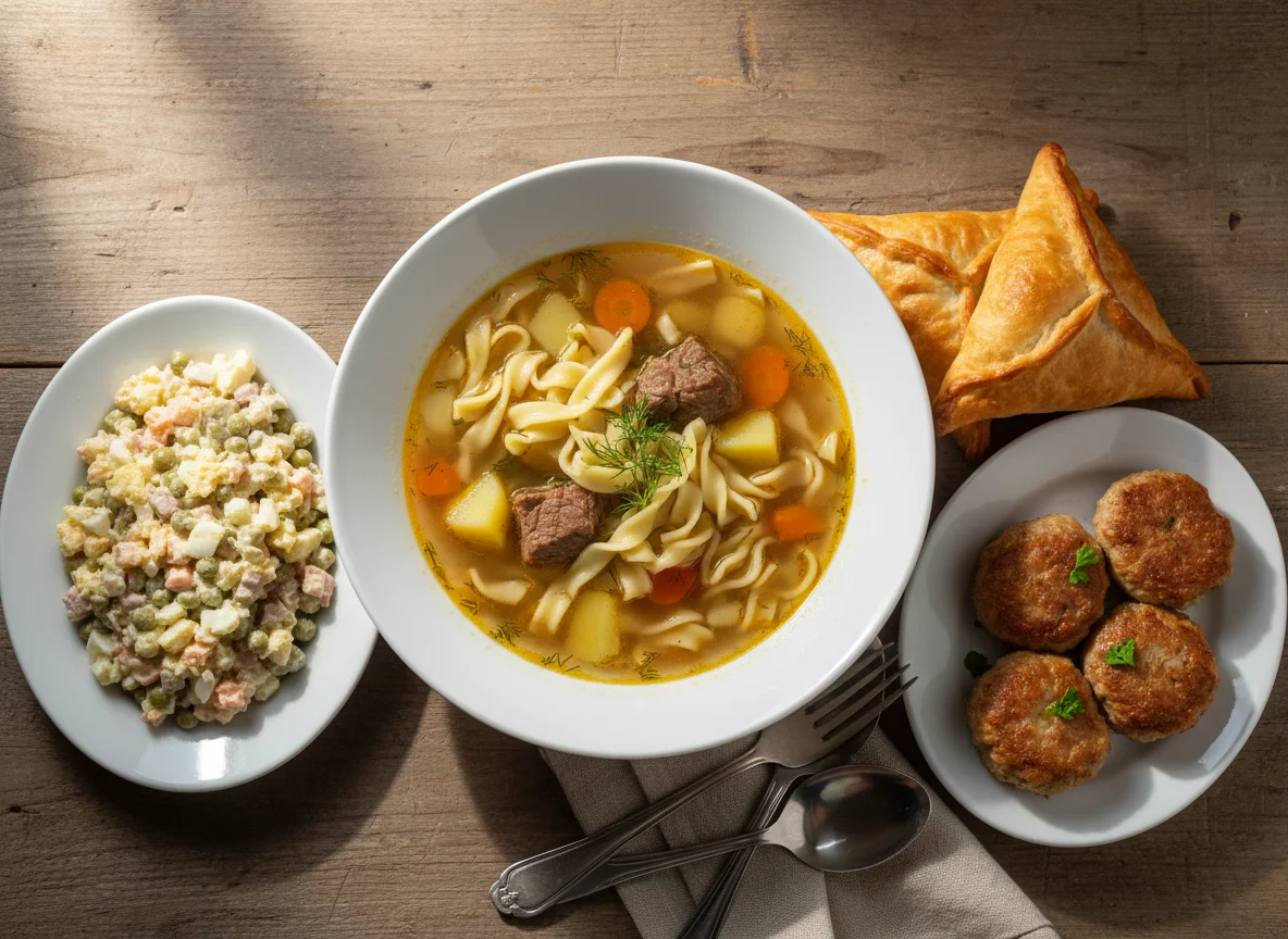 Домашний обед (суп, салат, выпечка) photo