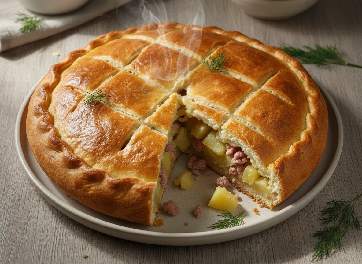 Домашний пирог с картофелем и мясом photo