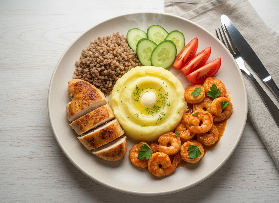 Домашний ужин с креветками и курицей photo