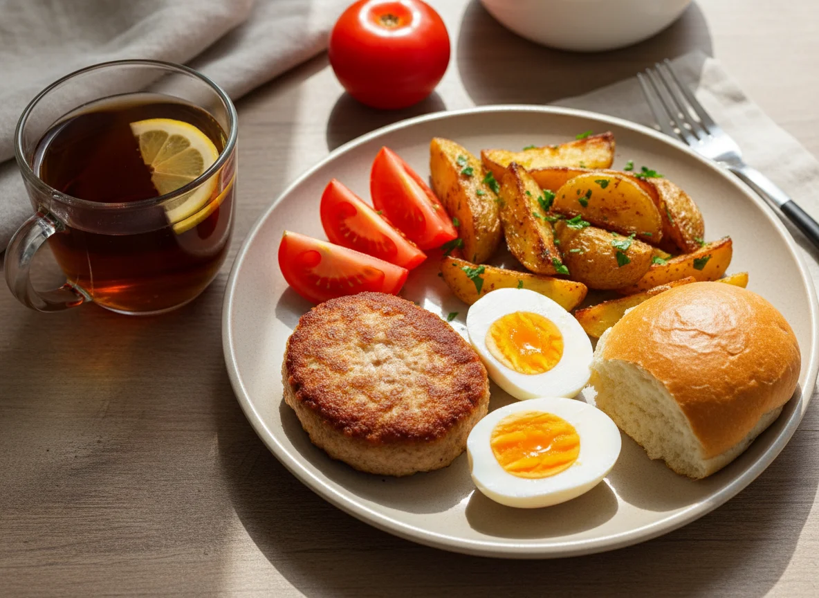 Домашний завтрак с котлетой, яйцами и овощами photo