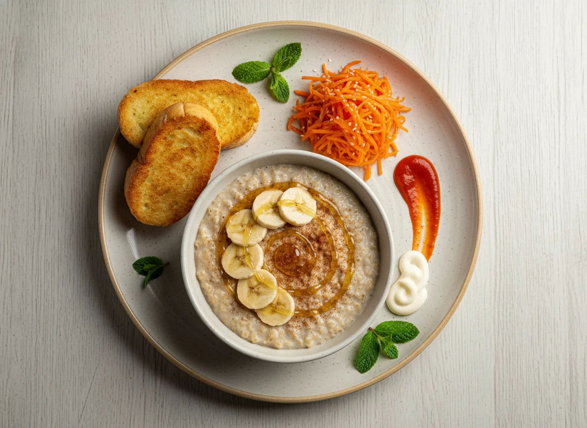 Домашний завтрак с овсянкой и гренками photo