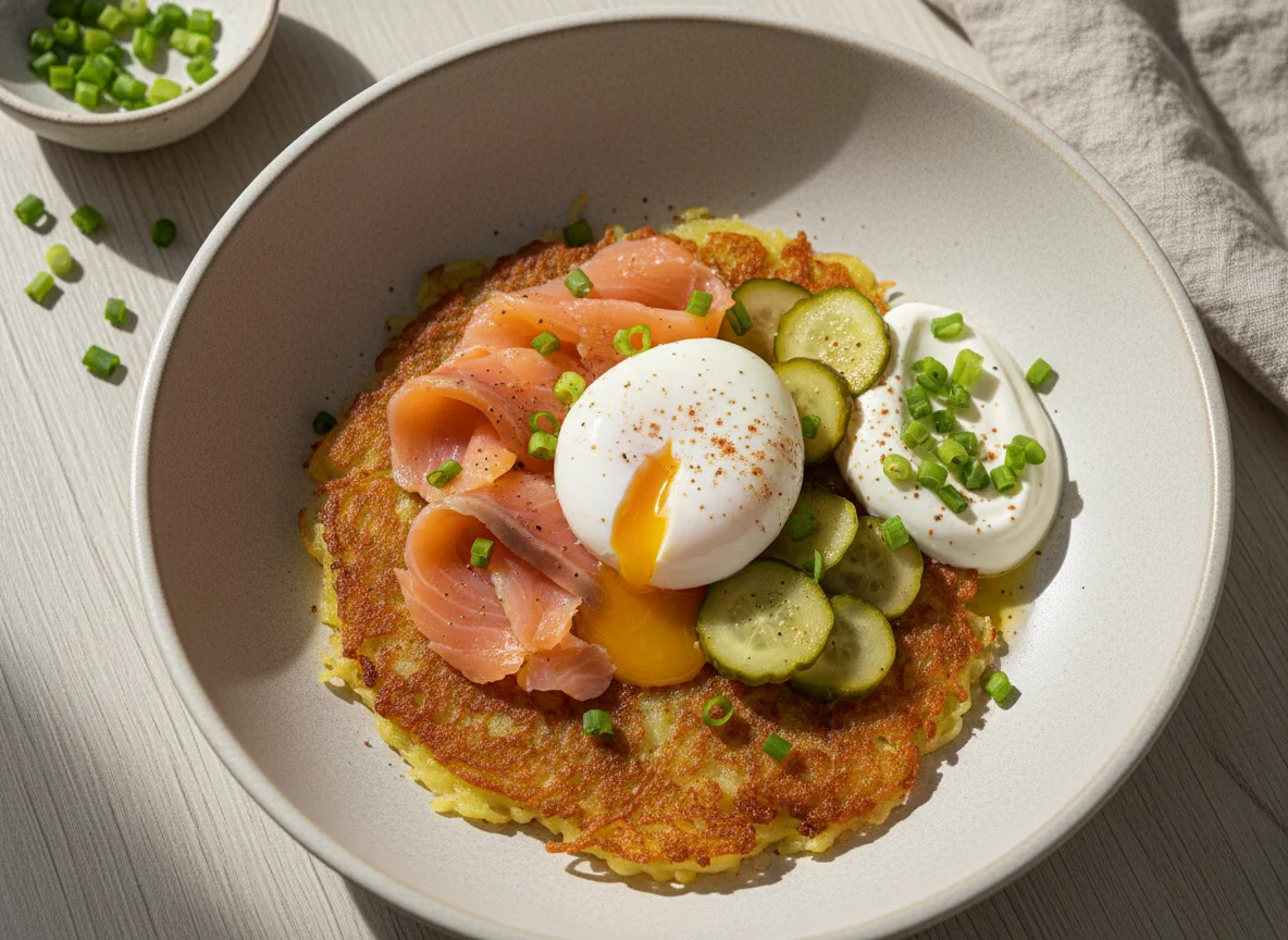 Драник с лососем, яйцом пашот и огурцами photo