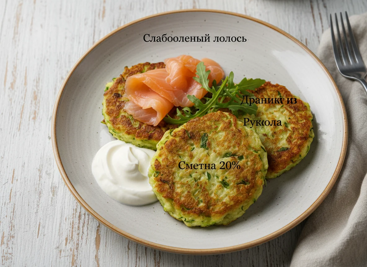 Драники из цукини с лососем и сметаной photo