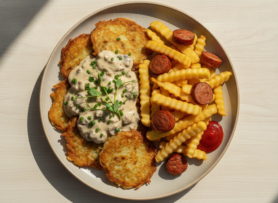 Драники с грибным соусом и картофель фри с сосисками photo