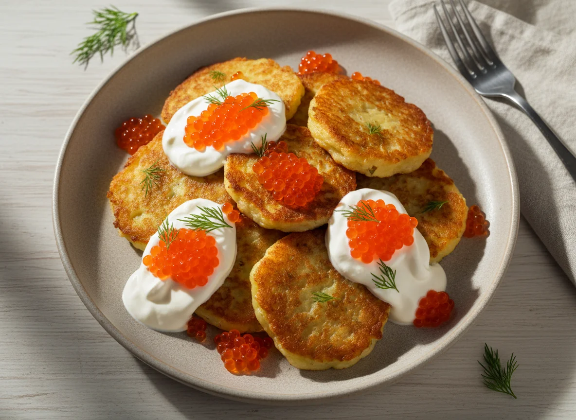 Драники с красной икрой и сметаной photo