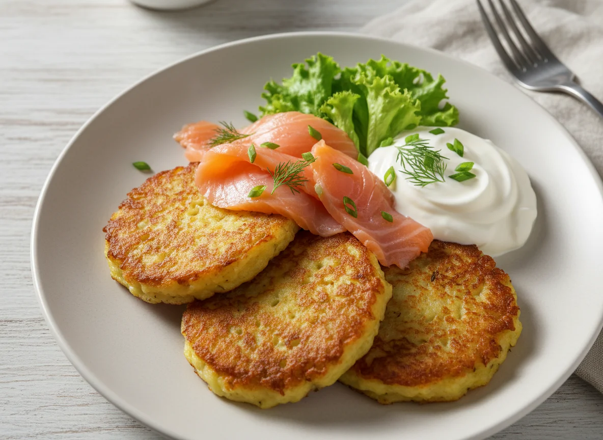 Драники с лососем, сметаной и салатом photo