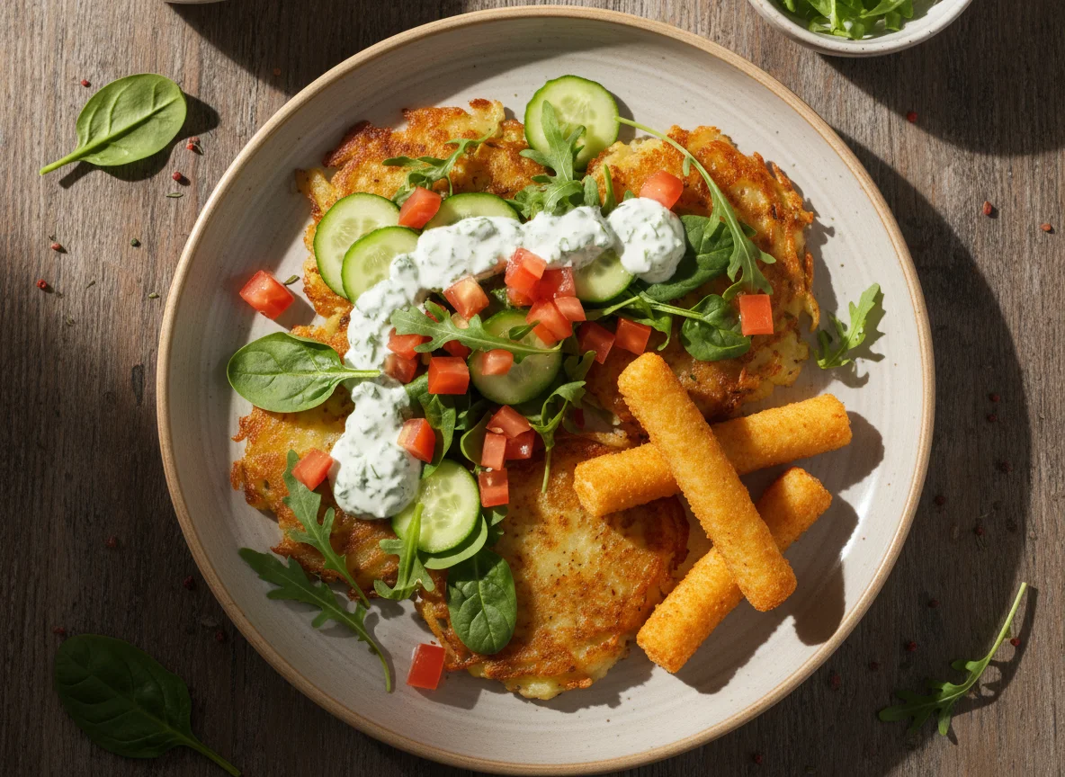 Дранники с овощами и соусом photo