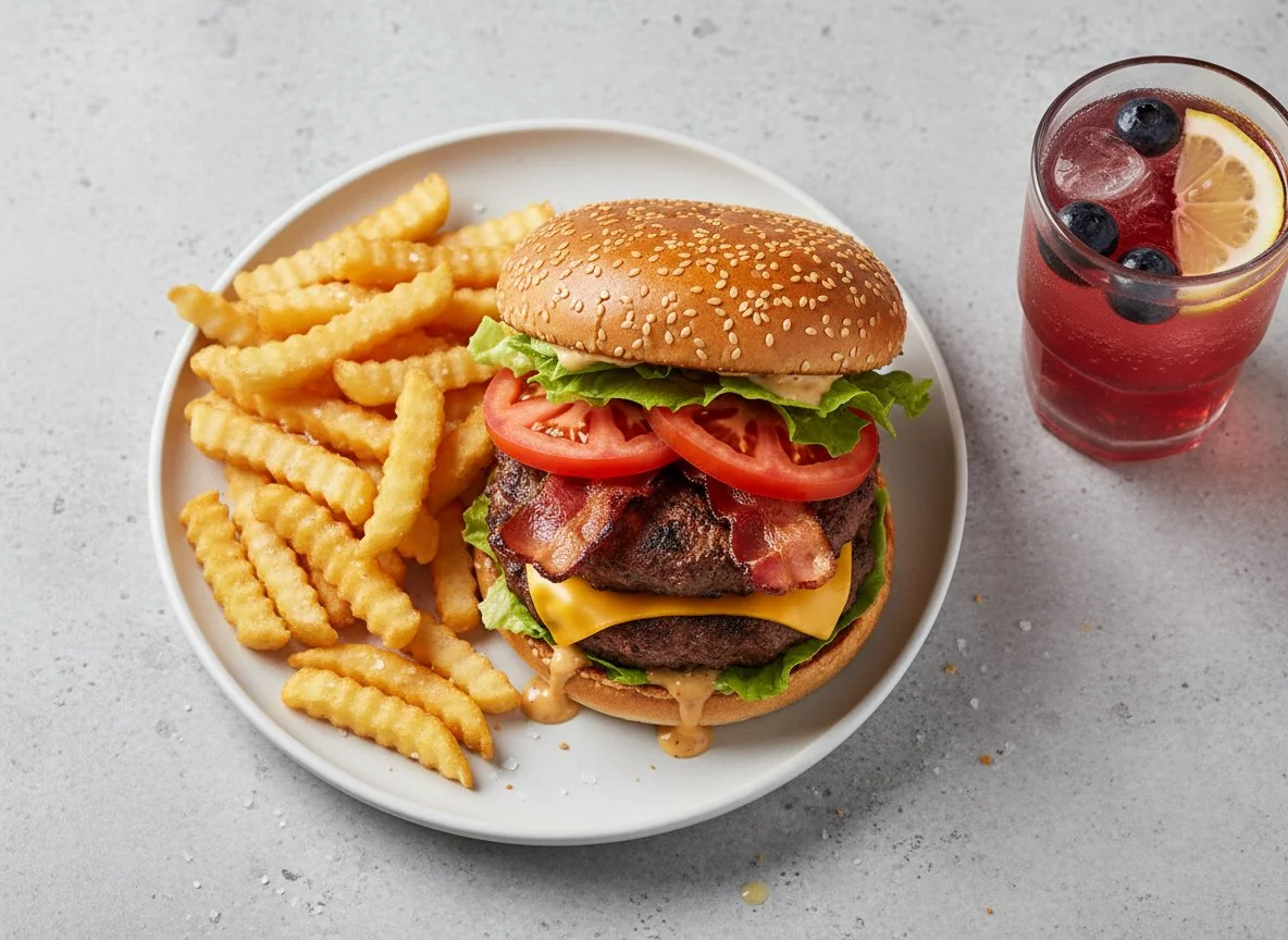 Двойной чизбургер, картофель фри и напиток photo