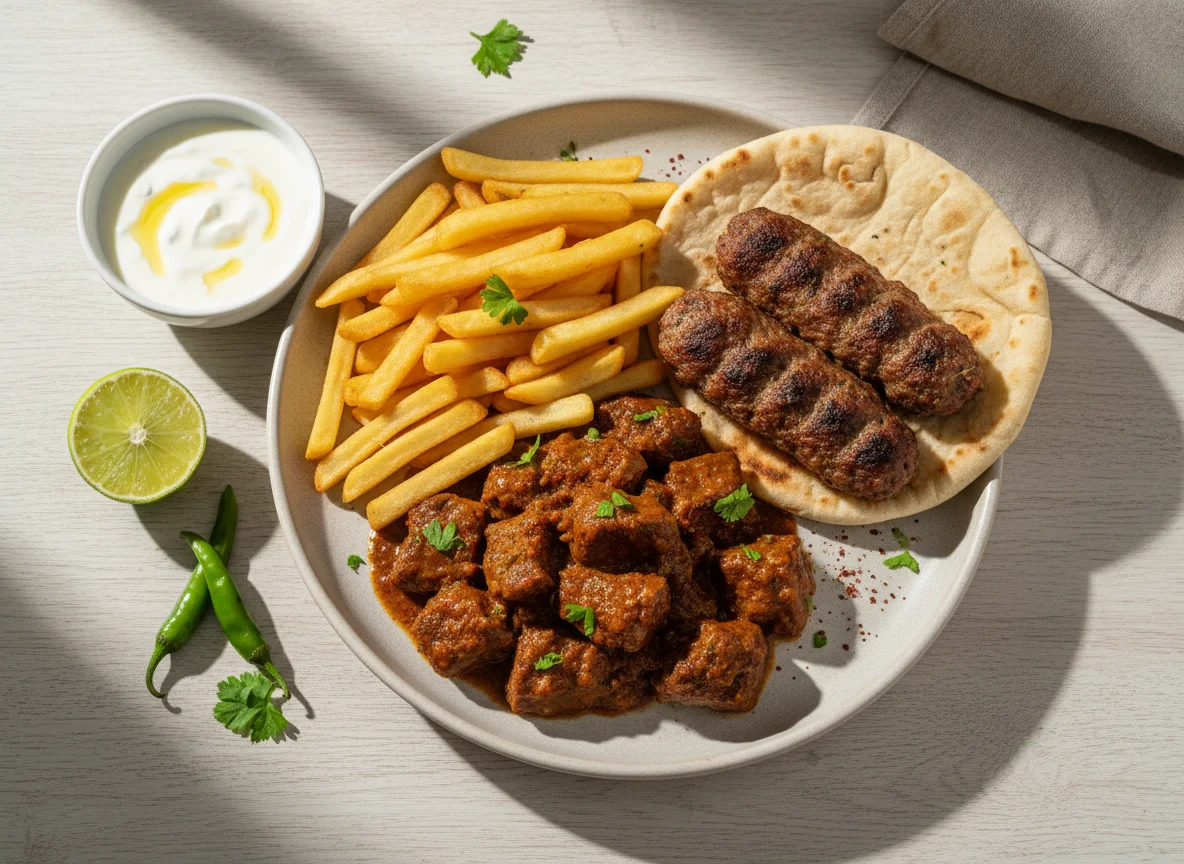 Египетский обед с мясом и картофелем фри photo
