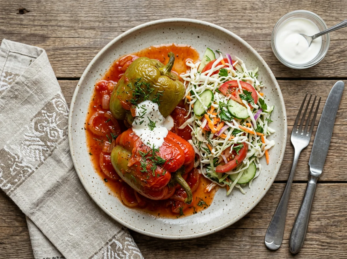 Фаршированный перец и овощной салат photo