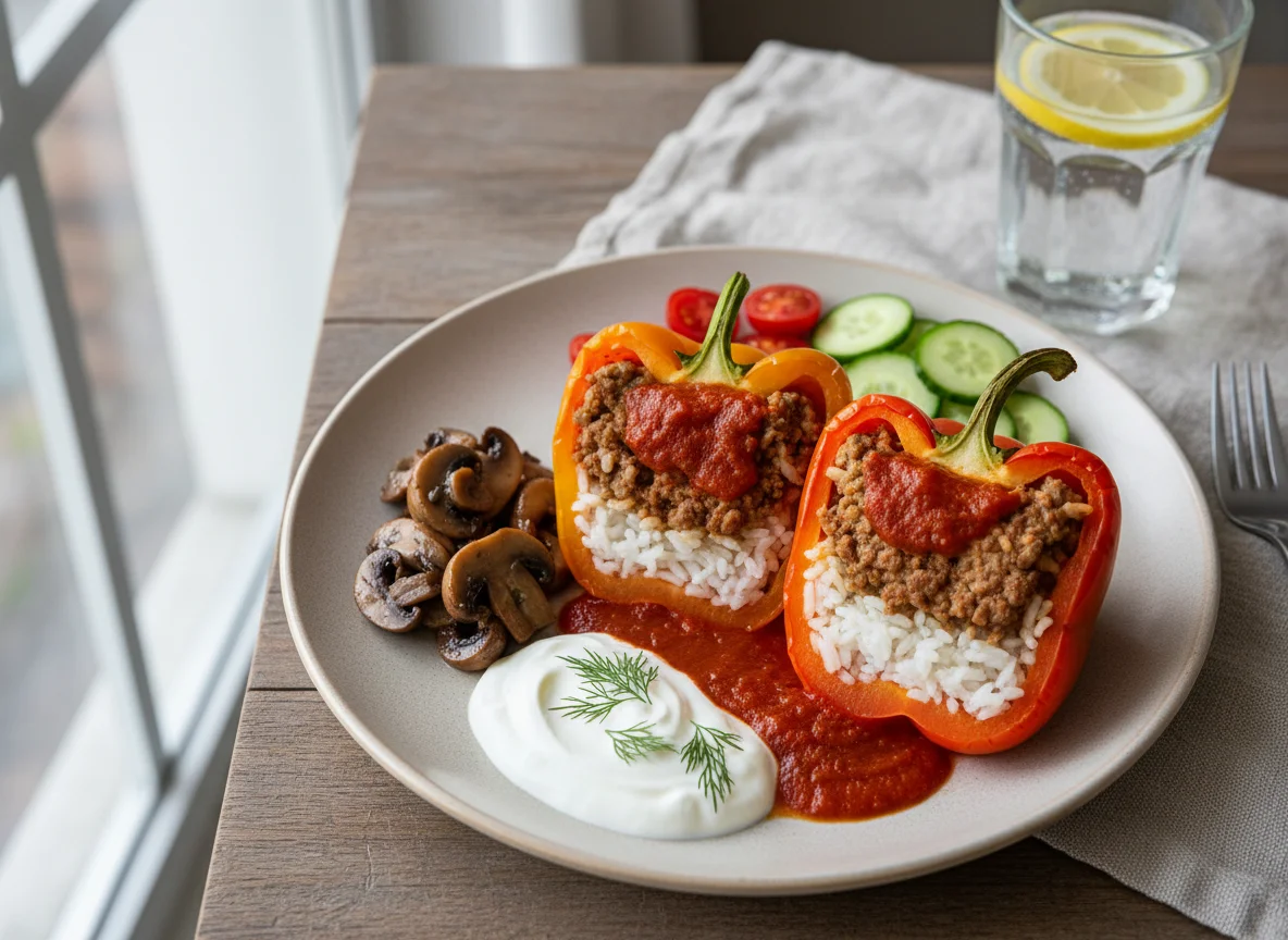 Фаршированный перец с гарниром и йогуртом photo