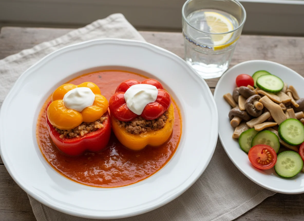 Фаршированный перец с гарниром и напитком photo