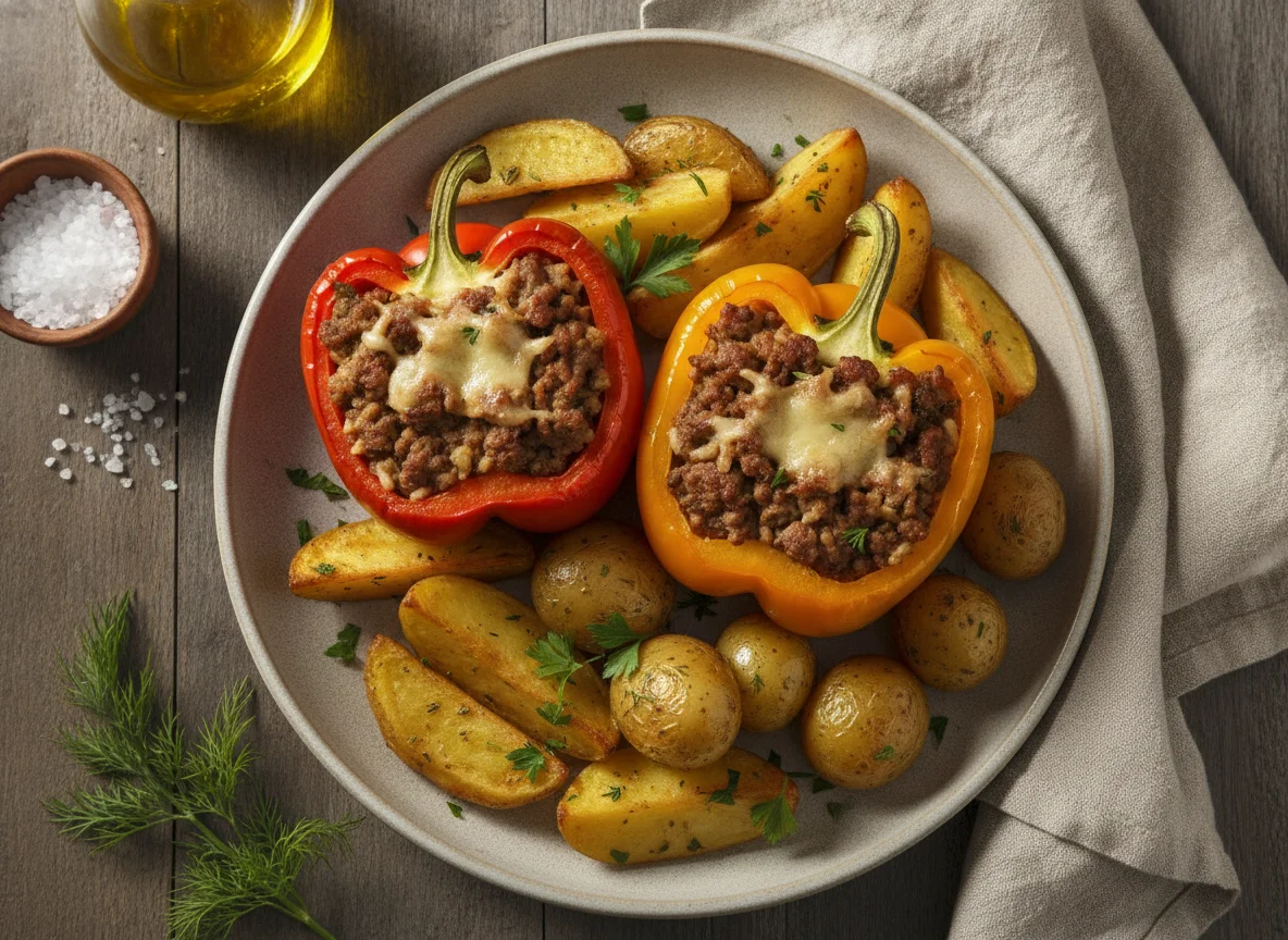 Фаршированный перец с запеченным картофелем photo