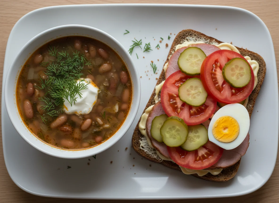 Фасолевый суп и сэндвич с бужениной photo