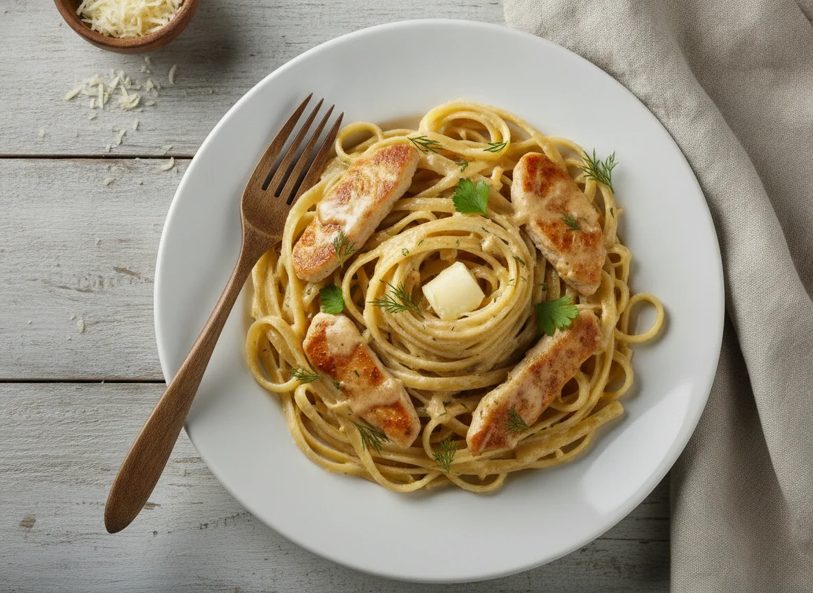 Феттучини с мясом цыпленка под соусом Морней photo