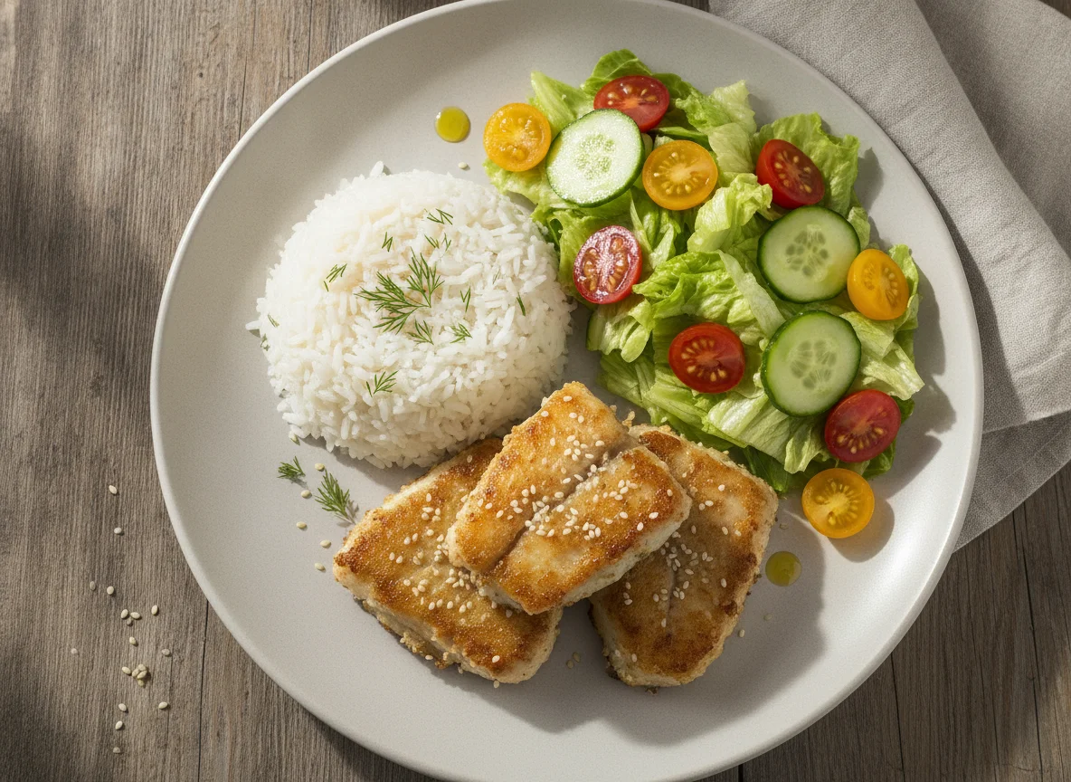 Филе минтая в кунжуте с рисом и овощным салатом photo