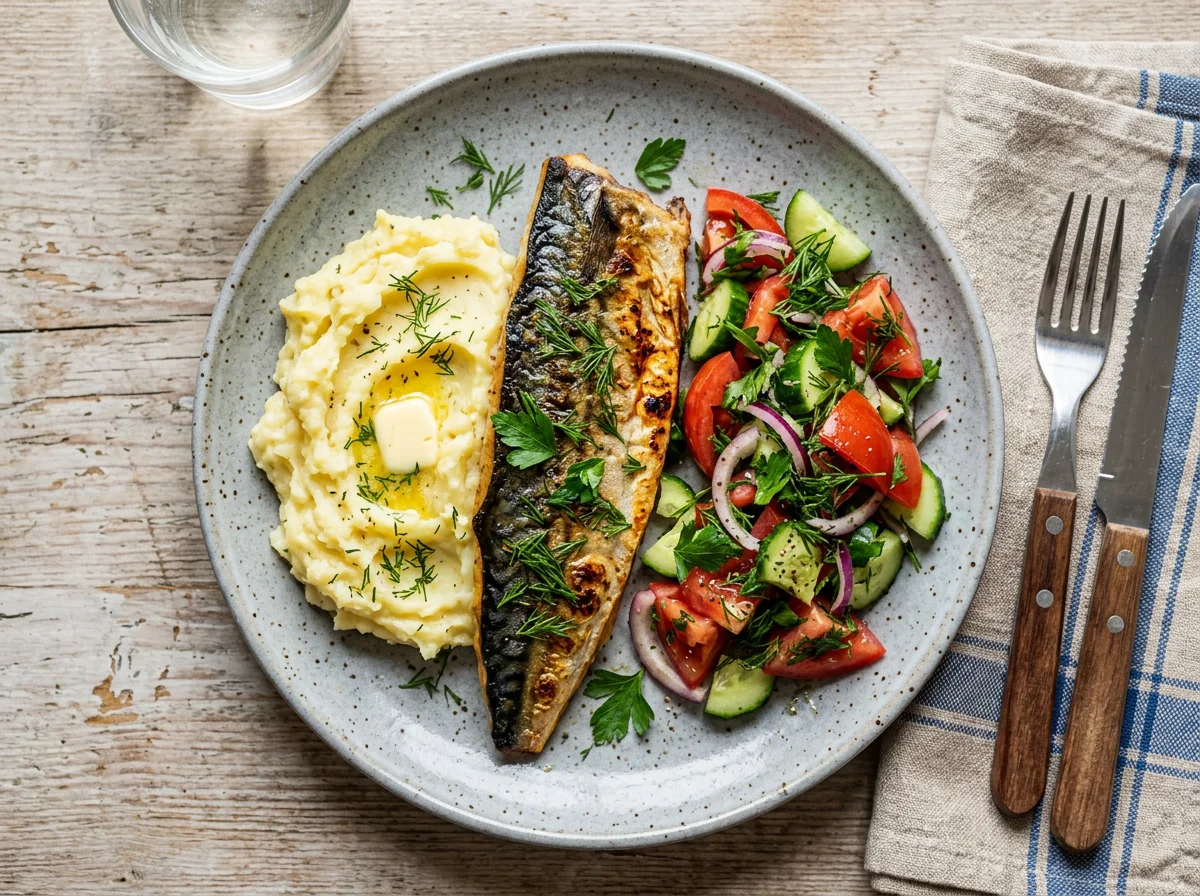 Филе скумбрии с картофельным пюре и овощным салатом photo