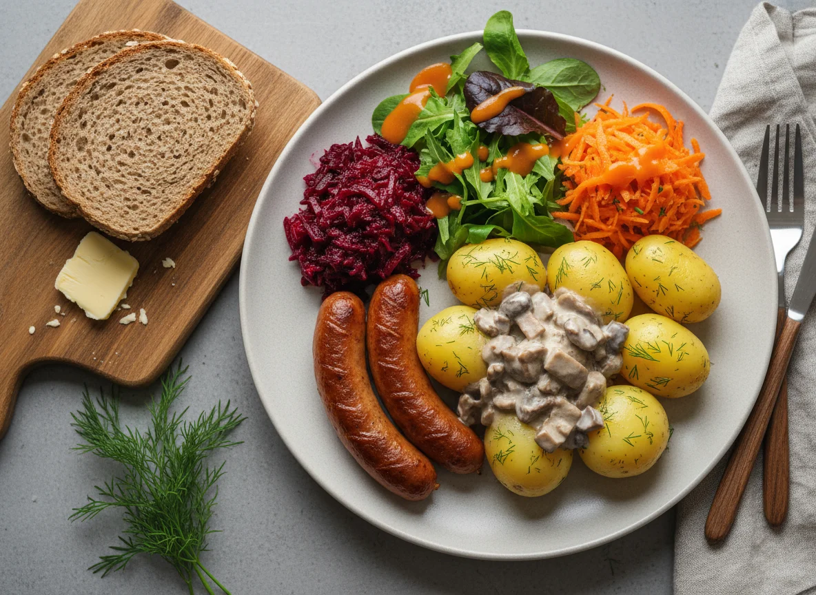 Финский обед с сосисками и картофелем photo