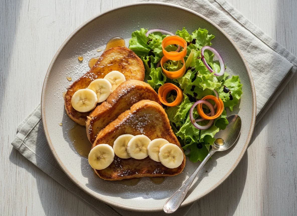 Французский тост с бананом и салатом photo
