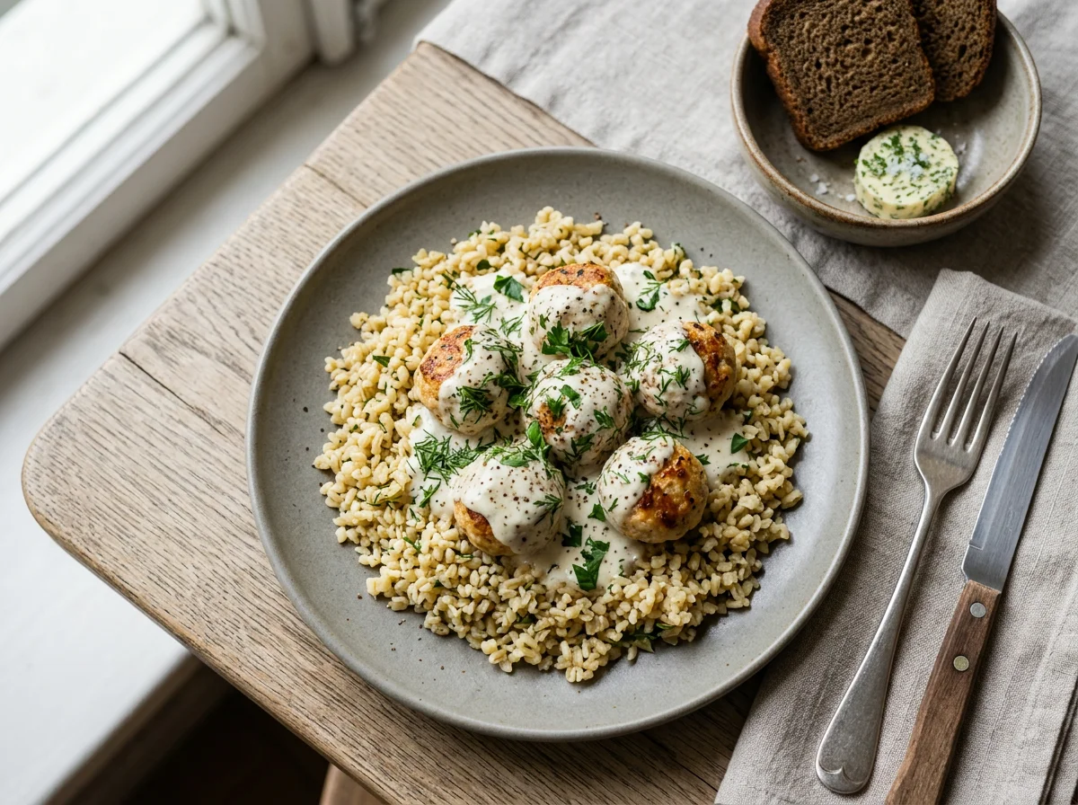 Фрикадельки с булгуром и сливочным соусом photo