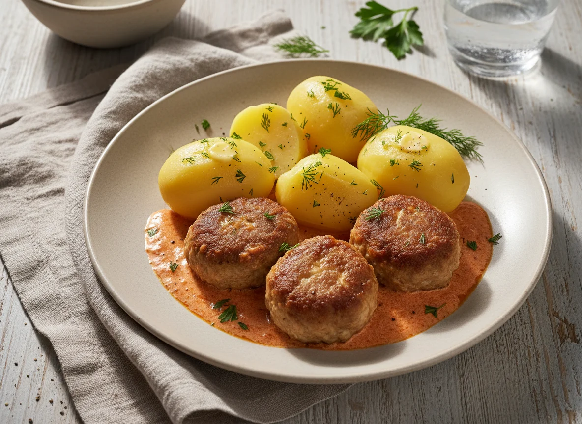 Фрикадельки с картофелем и соусом photo