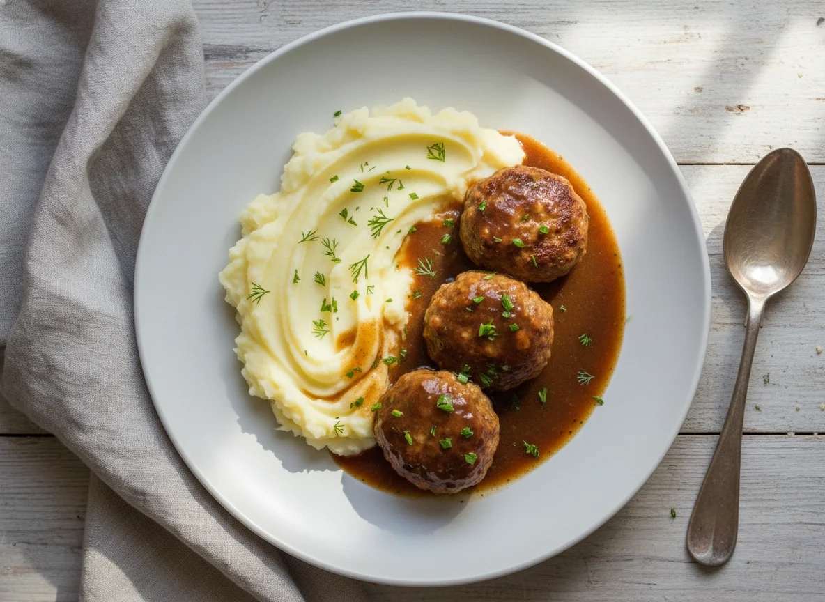 Фрикадельки с картофельным пюре и соусом photo