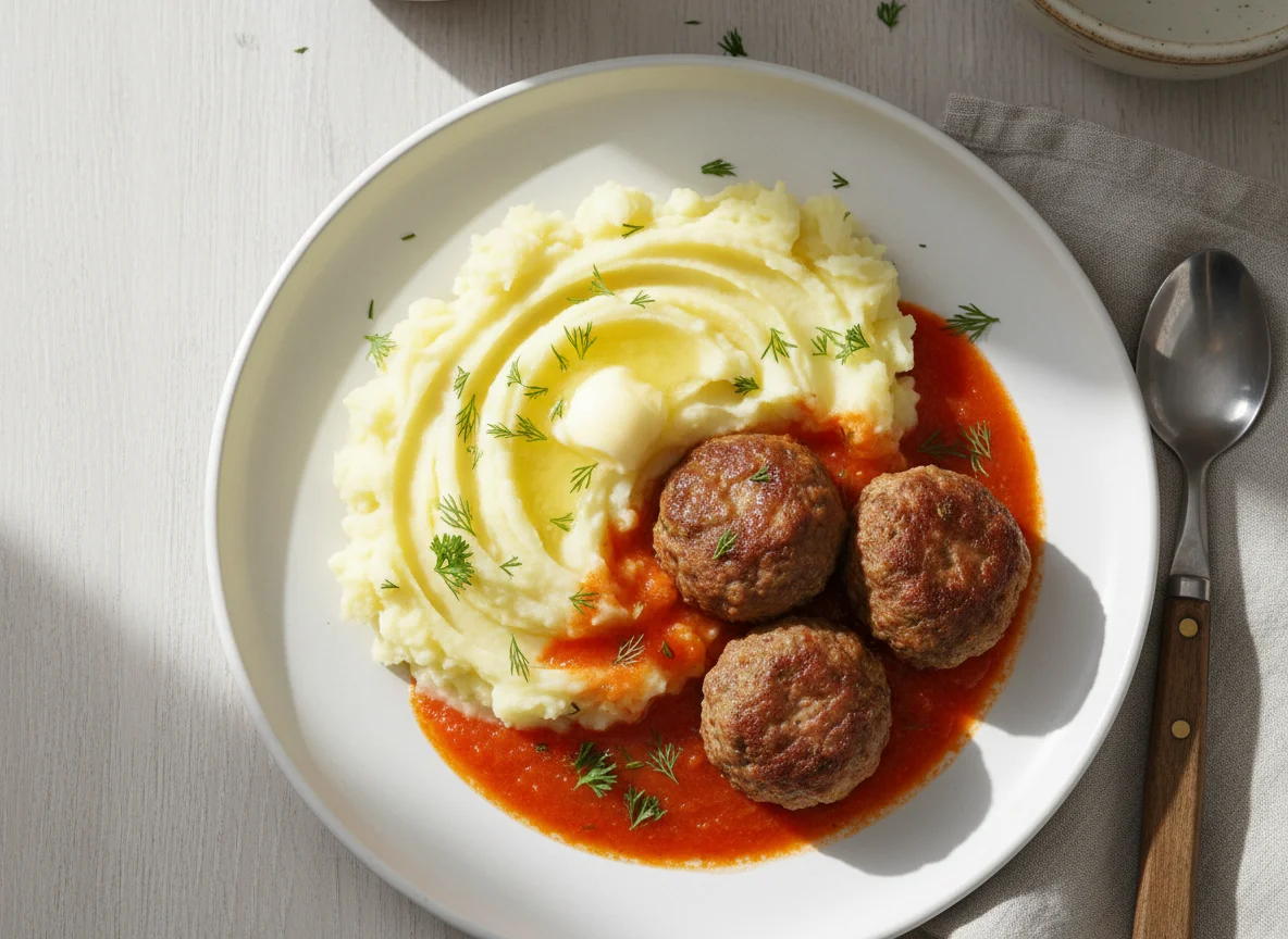 Фрикадельки с картофельным пюре и томатным соусом photo